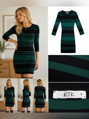 KTK Green & Black Striped Ribbed Sweater Dress Small Bodycon Knit 32.5”